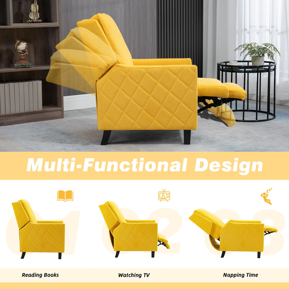 AVAWING Push Back Recliner Chair, Wing Back Chairs with Arms, Mid-Century Vintage Accent Chair for Living Room, Polyester, Yellow AVAWING