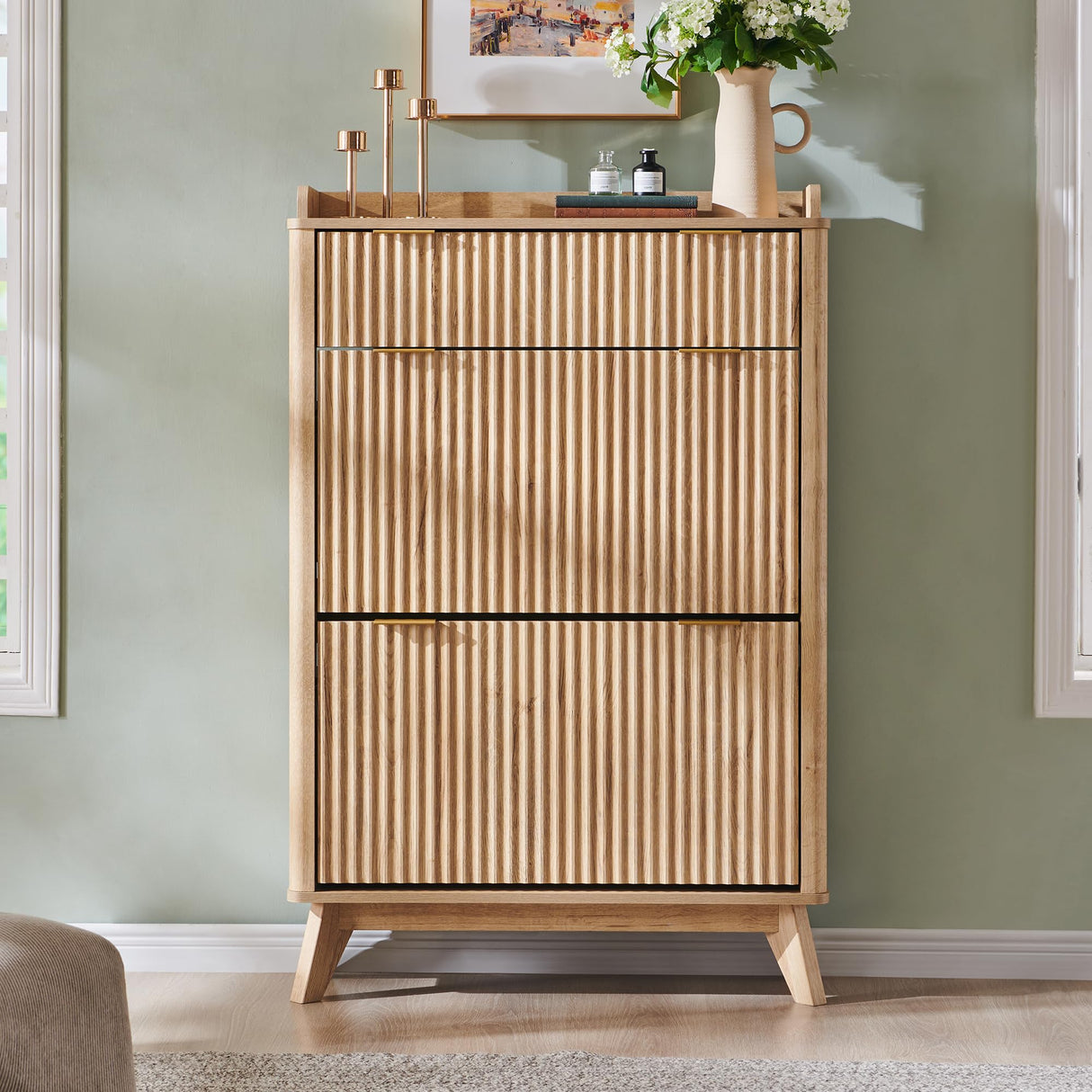 T4TREAM Fluted Shoe Storage Cabinet with 2 Flip Drawers & Top Drawer, 48" Tall Narrow Shoe Organizer, Curved Profile Design, Wooden Shoe Rack for Entryway, Living Room, Hallway - Natural Oak T4TREAM