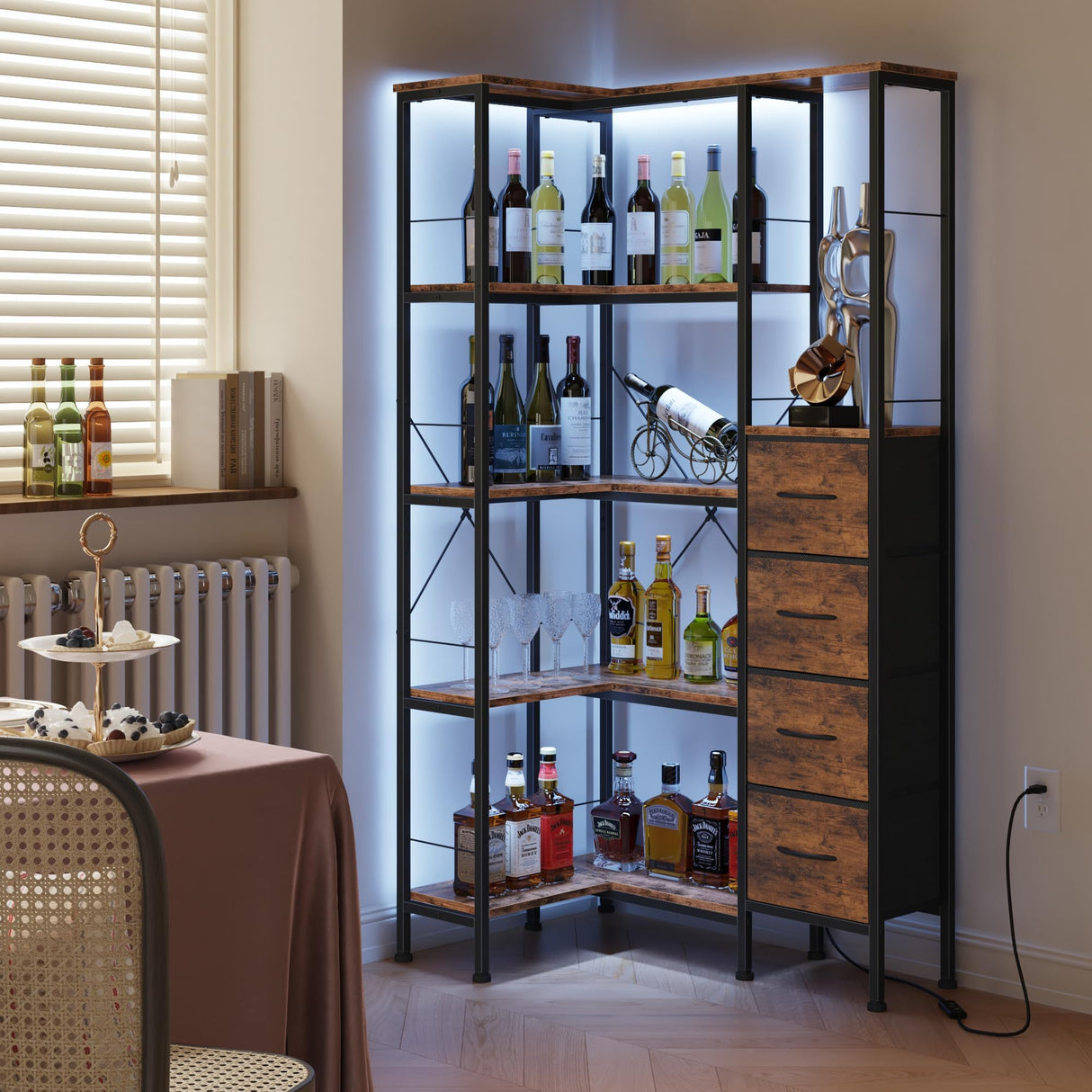 AFLUI Corner Bookshelf with LED Light Strips & 4 Fabric Drawers, 5-Tier Convertible Corner Shelf with Display Shelf, Large Wood Industrial Bookcase for Living Room, Bedroom, Home Office, Rustic Brown AFLUI