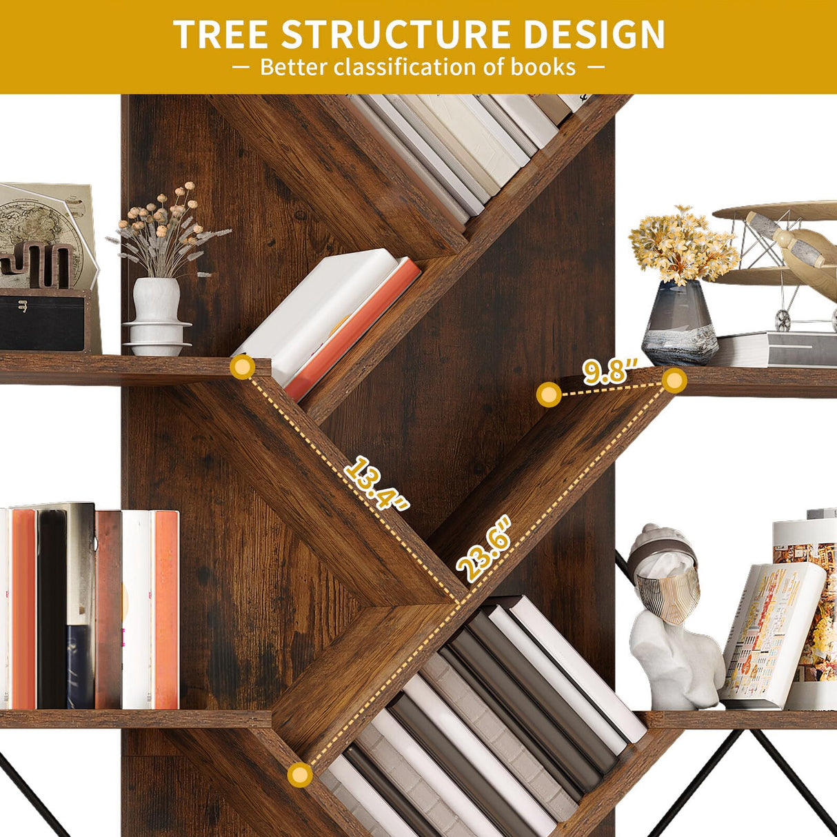 DWVO Industrial Tree Bookshelf, Large 5 Tier Bookcase Tall Standing Book Shelves Organizer Display Rack for Living Room Home Office, Rustic Brown DWVO