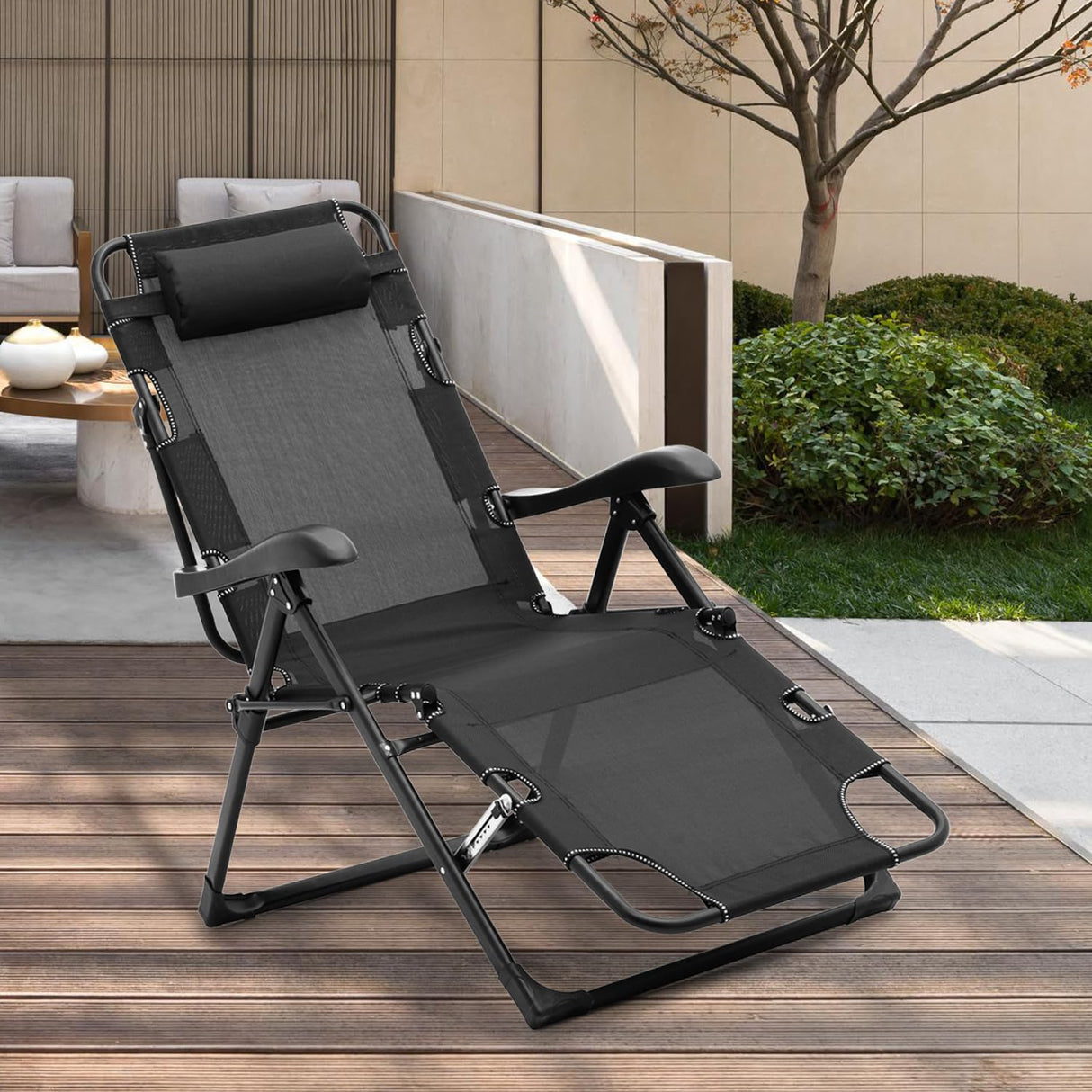 Athena Collection Zero Gravity Outdoor Lounge Chair Recliner, 27" Width Reclining Pool Lounge Lawn Chairs with Headrest and Curved Armrest, Outdoor Chaise for Beach Patio Backyard Outside, Black Athena Collection