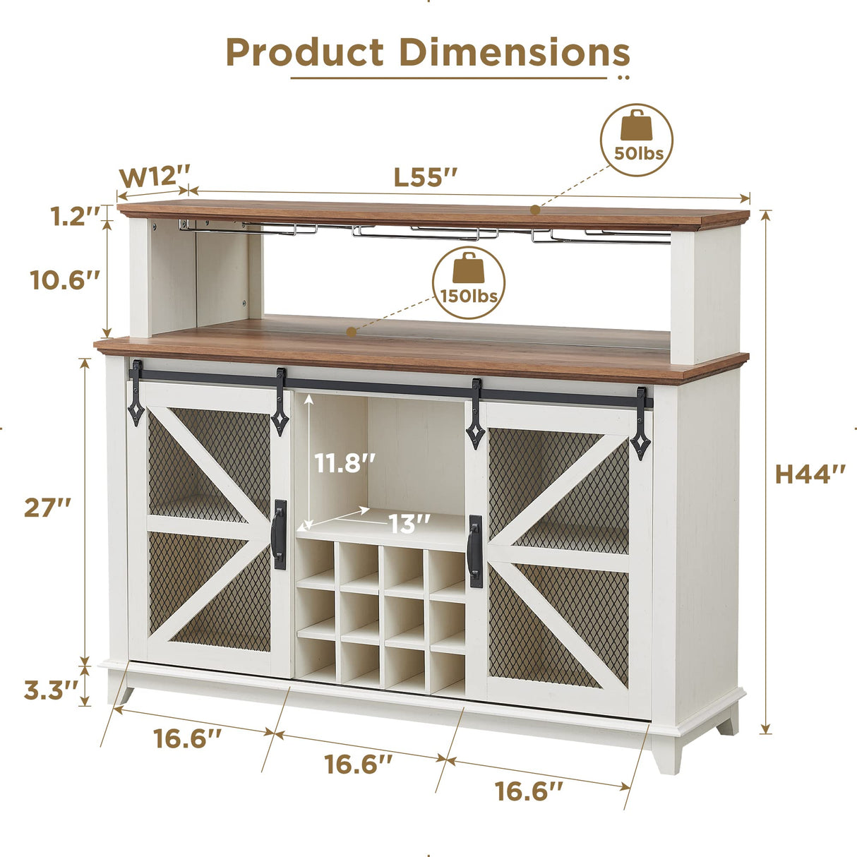 OKD Farmhouse Coffee Bar Cabinet with LED Lights, 55" Sideboard Buffet Table w/Sliding Barn Door & Wine and Glass Rack, Home Liquor Bar w/Storage Shelves for Dining Room,Antique White OKD