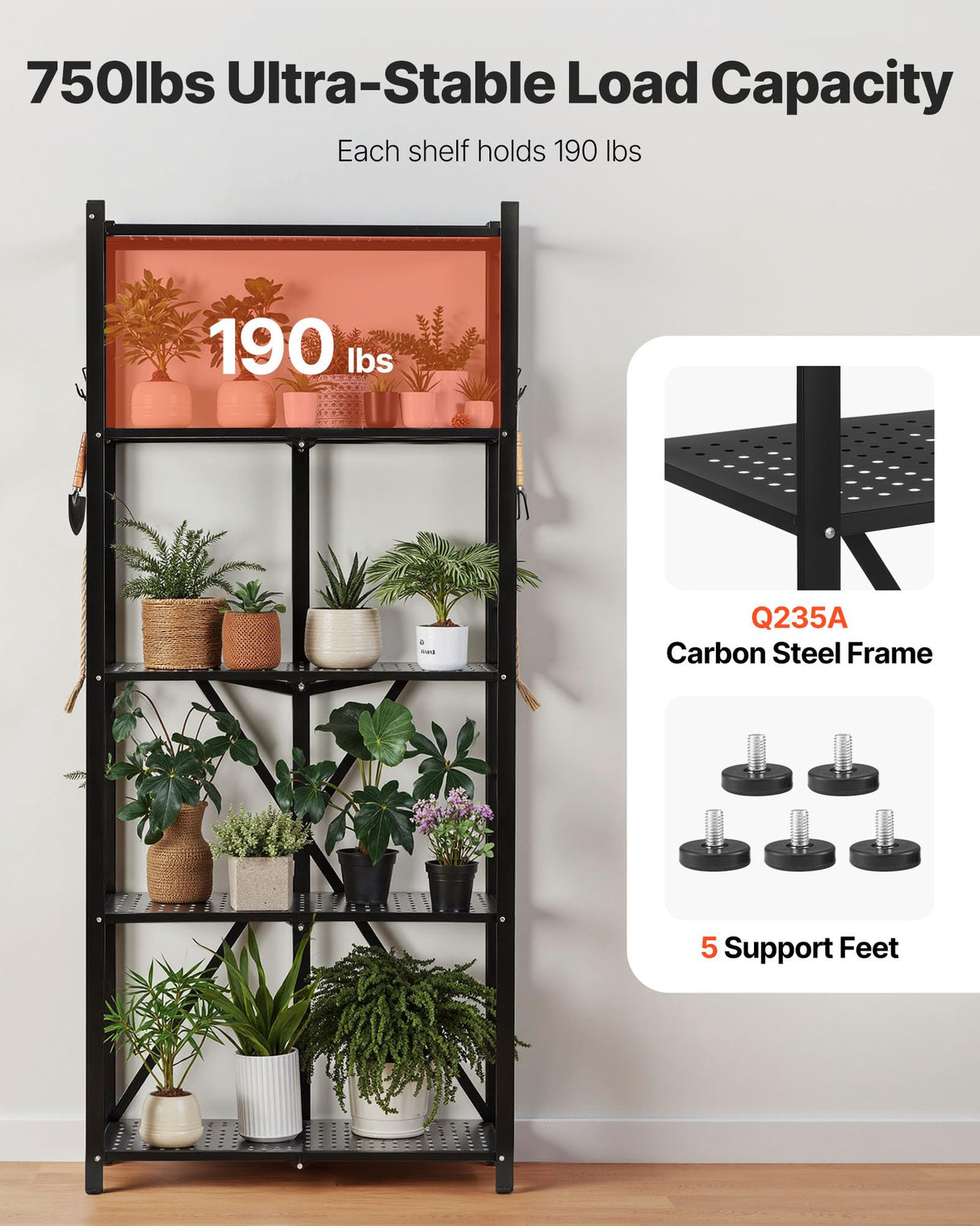 VEVOR 5-Tier Foldable Storage Shelf, 28W x 13D x 66H Inch Folding Metal Rack Shelving Unit, No Assembly Organizer Shelf with 5 Wheels & 4 Hooks for Pantry, Kitchen, Garage, Basement, Black VEVOR