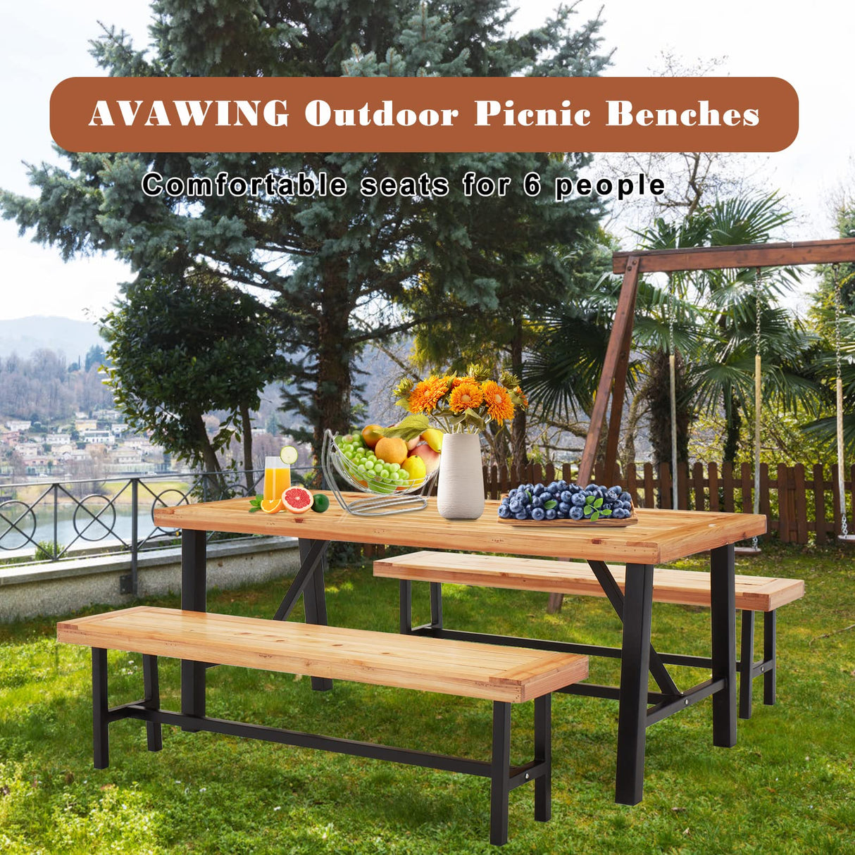 AVAWING Outdoor Dining Bench Set of 2, Wood Patio Backless Bench 63" Picnic Chairs, Wooden Farmhouse Bench for 6 People, Long Garden Park Porch Backyard Deck, Natural AVAWING