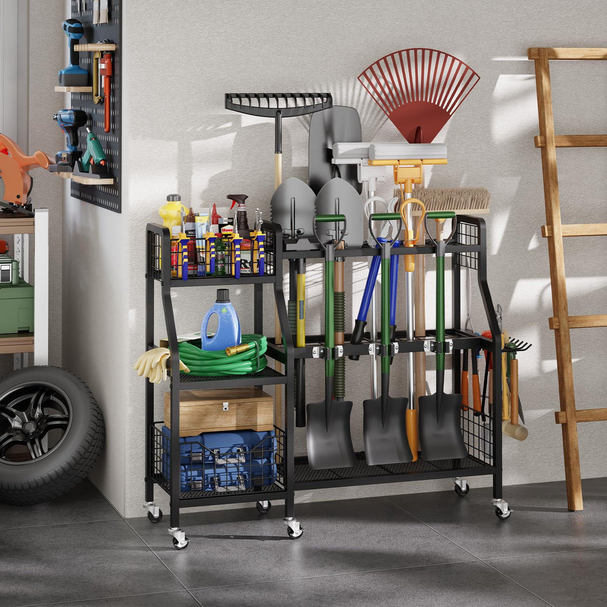 keomaisyto Garden Tool Organizer with 6 Wheels(3 lockable), Heavy Duty Yard Tool organizer with 2 Basket, Large Metal Garage Tool Organization and Storage for Garage/Shed/Yard/Broom Closet/Lawn keomaisyto