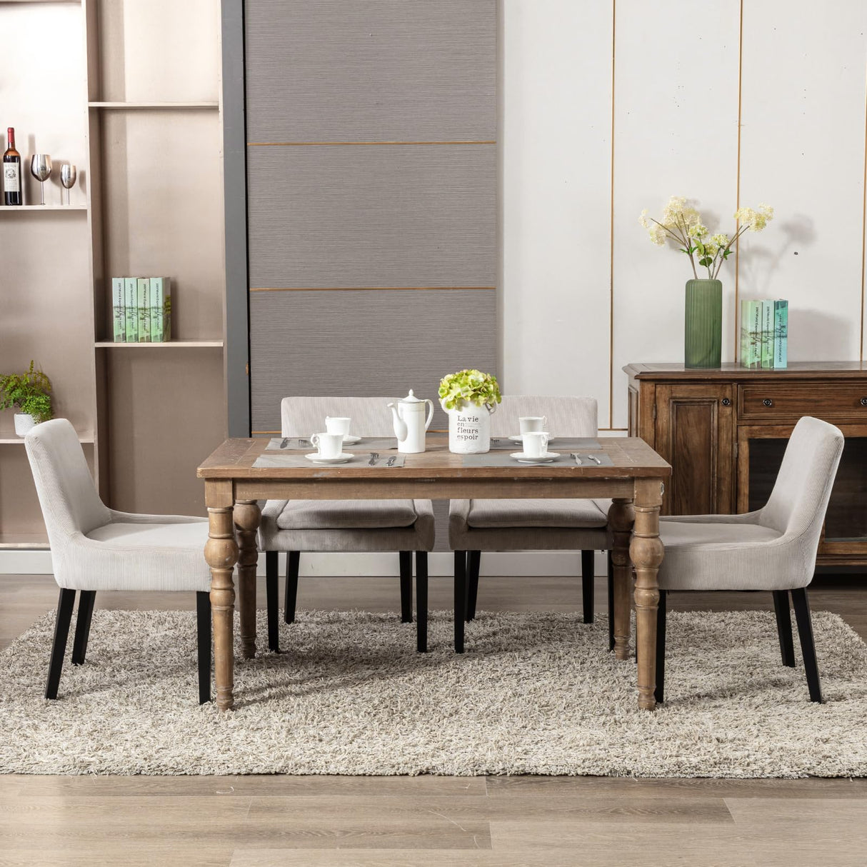 COLAMY Modern Dining Chairs Set of 6, Upholstered Corduroy Accent Side Leisure Chairs with Mid Back and Wood Legs for Living Room/Dining Room-Beige COLAMY