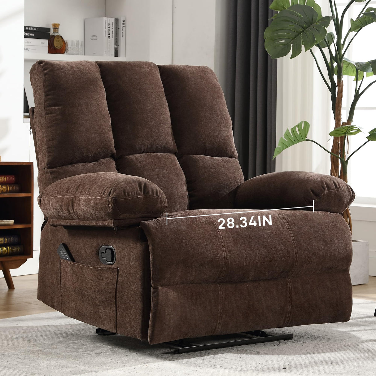 HOMYEDAMIC Oversized Recliner Chair 350 lb Weight Capacity, Plus Size 28 inch Large Wide Seat Manual Comfortable Fabric Recliner for Adults Living Room with Pockets Massage Pillow (6008-Brown5) HOMYEDAMIC