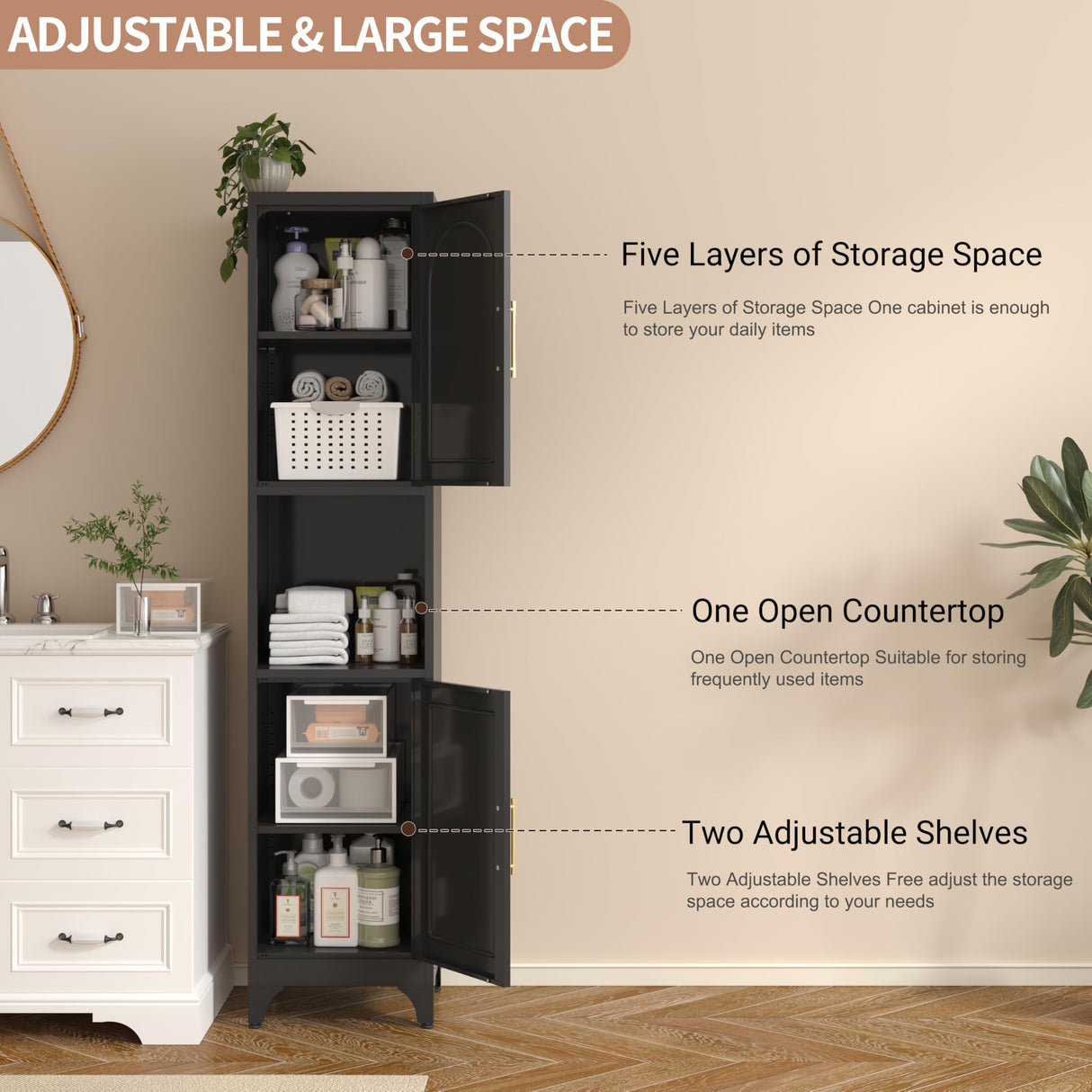 Polup Slim Bathroom Storage Cabinet, 75" Tall Freestanding Narrow Cabinets for Small Spaces, Skinny Metal Storage Cabinet with Doors and Shelves for Living Room, Kitchen, Black - Assembly Required Polup