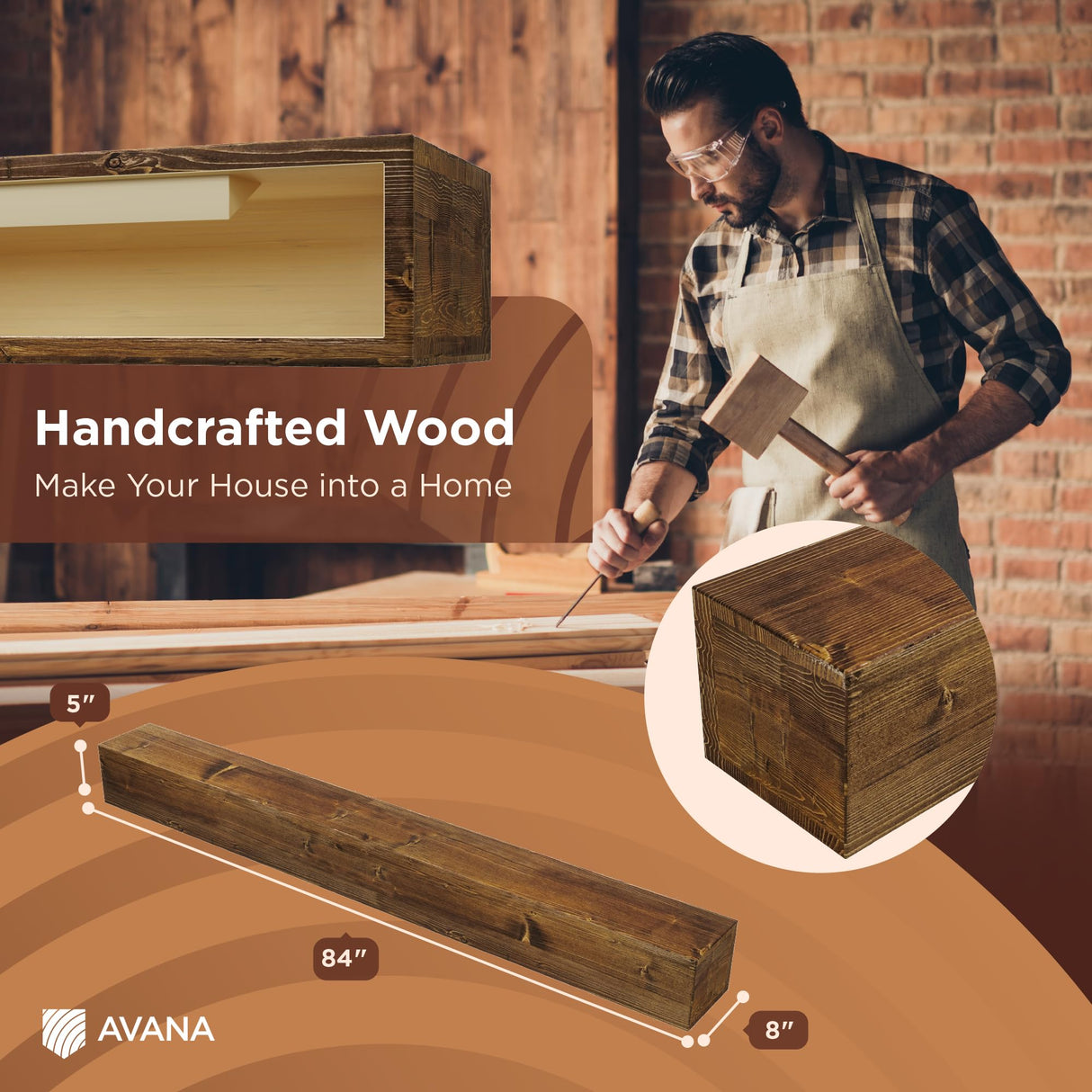 Avana Rustic Fireplace Mantle Shelf 84 Inches for Home Decor/Wall Decor - Handcrafted Wood Shelf for Wall - Decorative Fireplace Mantel Shelf - Farmhouse Mantle Decor 84 X 8 X 5 - Rustic Traditional Avana