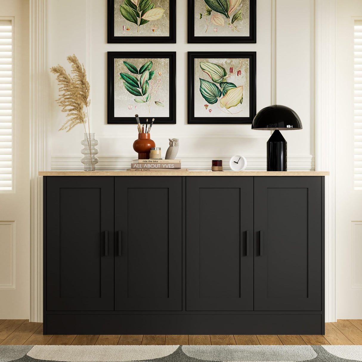 Anystyle Black 4 Door Buffet Cabinet, Coffee Bar Cabinet with Adjustable Shelf, Kitchen Buffet Sideboard for Living Room, Kitchen Anystyle