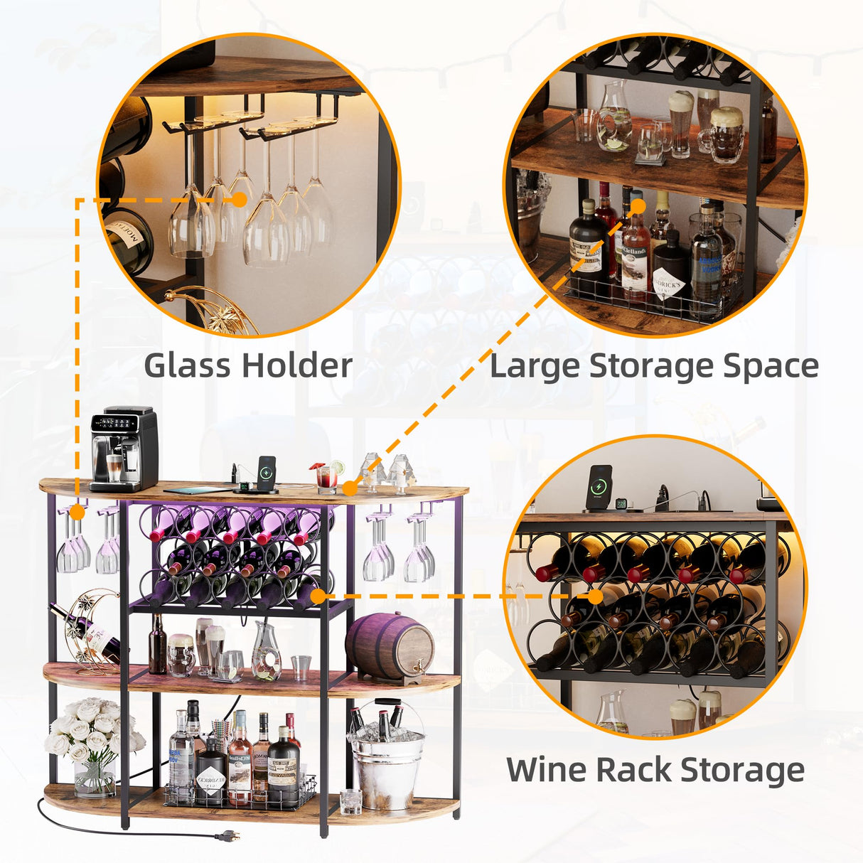VICTONE Wine Bar Cabinet with LED Lights and Power Outlets, Freestanding Liquor Bar Cabinet Table with Glass Holder Wine Rack Table Mini Bar for Home Kitchen Dining Room VICTONE