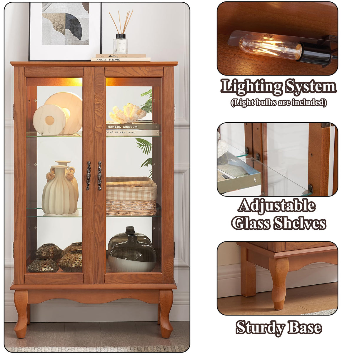 nifoti 43" H Lighted Curio Cabinet Display Case, Glass Curio Cabinet with Adjustable Shelves and Tempered Glass Door, Wooden Curio Cabinet w/Mirrored Back Pane for Living Room (Oak) nifoti