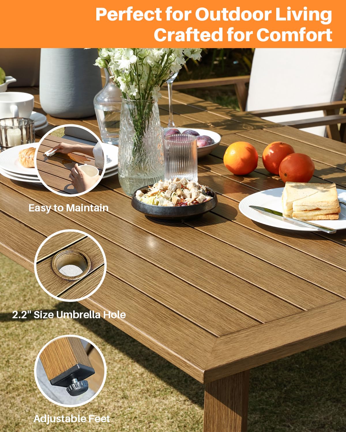 SeeHill 9 Pieces Patio Dining Set for 8, Outdoor Aluminum Dining Furniture Set with Umbrella Hole, Outdoor Patio Table Sets with 2 Swivel Chairs, 4 Dining Chairs and Table for Deck Yard Poolside, Teak SEEHILL