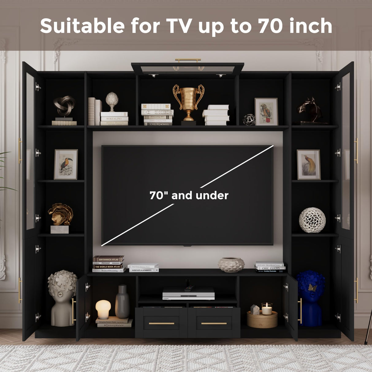 Bobve 94" Wall Unit Entertainment Center for TVs up to 70", Modern TV Console with LED Lights, Multifunctional TV Stand with Tempered Glass Door, Drawers & Shelves for Living Room, Black Bobve