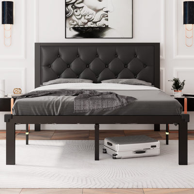 Feonase Full Size Metal Bed Frame with Faux Leather Button Tufted Headboard, Heavy-Duty Platform Bed Frame with 12" Storage, Steel Slats Support, No Box Spring Needed, Noise Free, Black