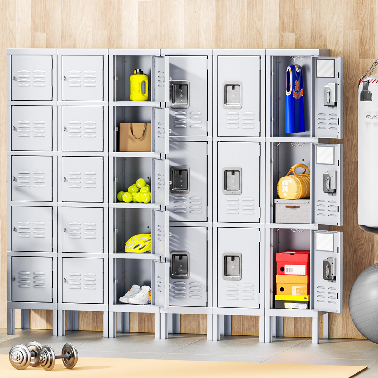 INTERGREAT Lockers for Employees, School, Office, Gym, 3 Door Metal Storage Locker Cabinet, Tall Steel Work Locker for Students, Triple Tier Grey INTERGREAT