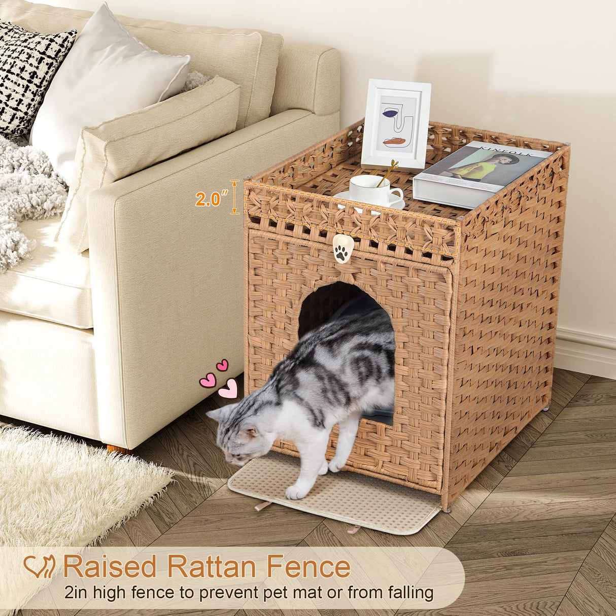 Snughome Cat Litter Box Enclosure Furniture Hidden with Cat Litter Mat, Hidden Cat Washroom Furniture with Door, Handwoven Rattan Cat Washroom Box, Indoor Pet House for Living Room, Bedroom(Natural) Snughome