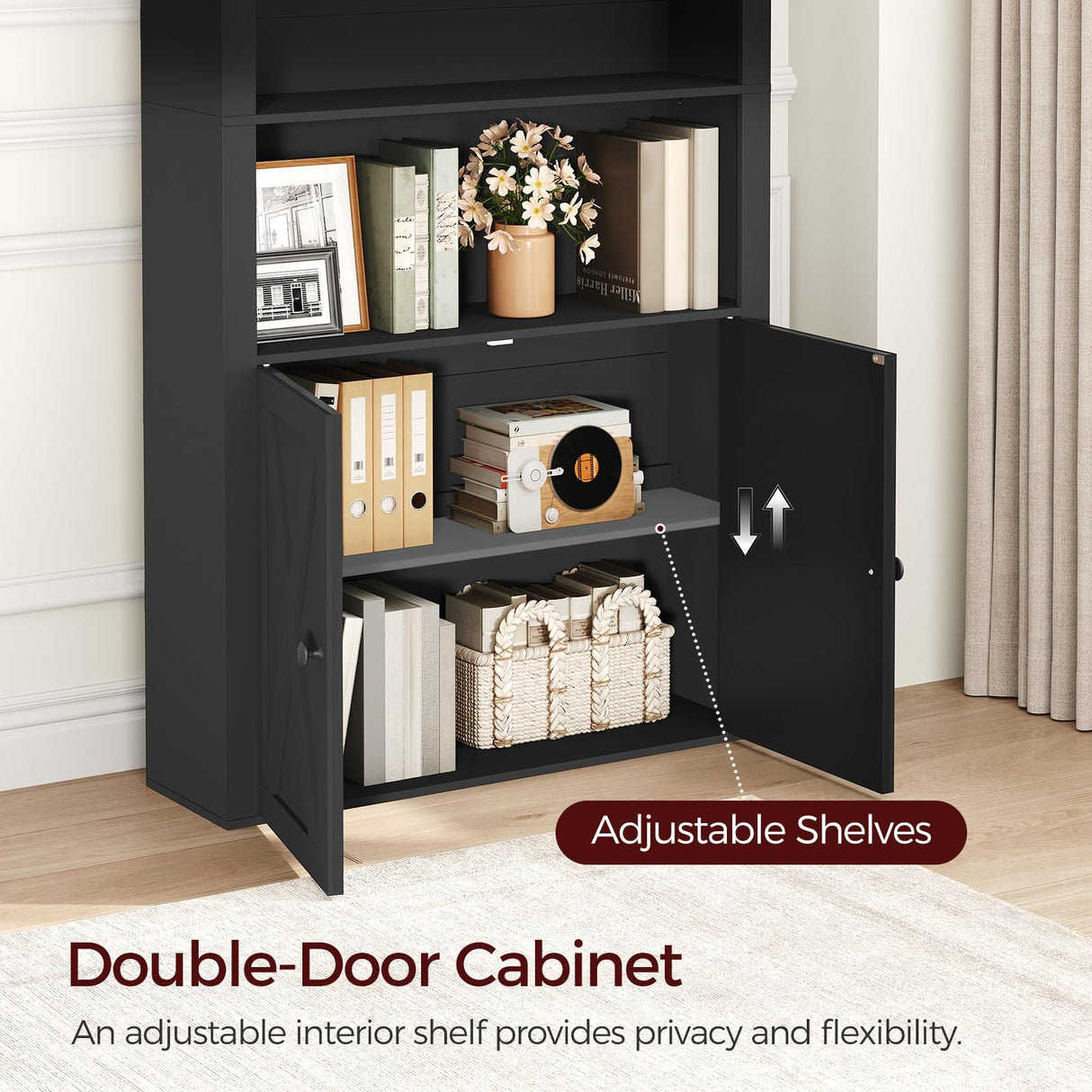 MAHANCRIS 6-Tier Bookshelf, 74.6'' Farmhouse Arched Bookcase with Cabinet, Freestanding Engineered Wood Display Bookshelf, with Adjustable Shelves, for Living Room, Study, Kitchen, Black BKBK2601 MAHANCRIS