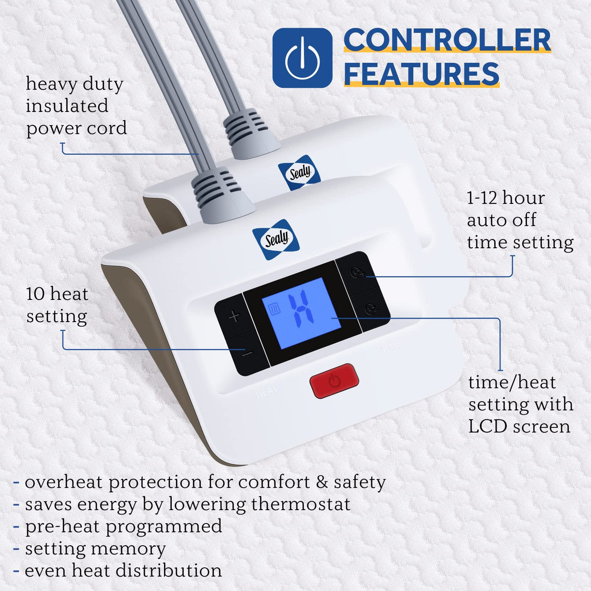 Sealy Heated Mattress Pad California King Size, Zone Heating Electric Bed Warmer with Deep Pocket, 10 Heat Setting Dual Controller & 1-12 Hours Auto Shut Off, Knitted Heated Mattress Cover, Cal King SEALY