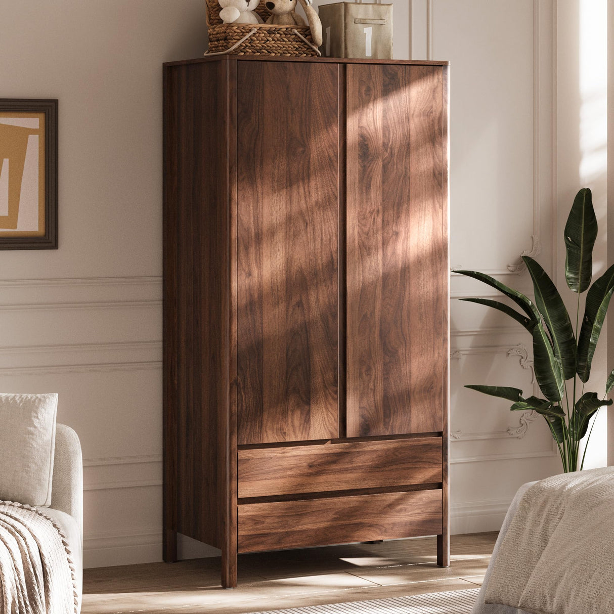 MAISONARIA Wardrobe with 2 Doors and 2 Drawers, 70.9”H Modern Walnut Bedroom Armoire Closet with Hidden Handles, Freestanding Wooden Storage Cabinet for Clothes and Essentials MAISONARIA