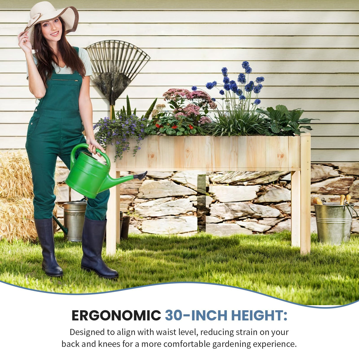 DUMOS Raised Garden Bed with Legs, 48x24x30in Wood Elevated Planter Box w/Bed Liner for Herbs Flowers Vegetables, 300lbs Capacity Outdoor Gardening Planters for Patio Balcony Backyard, Natural Wood DUMOS