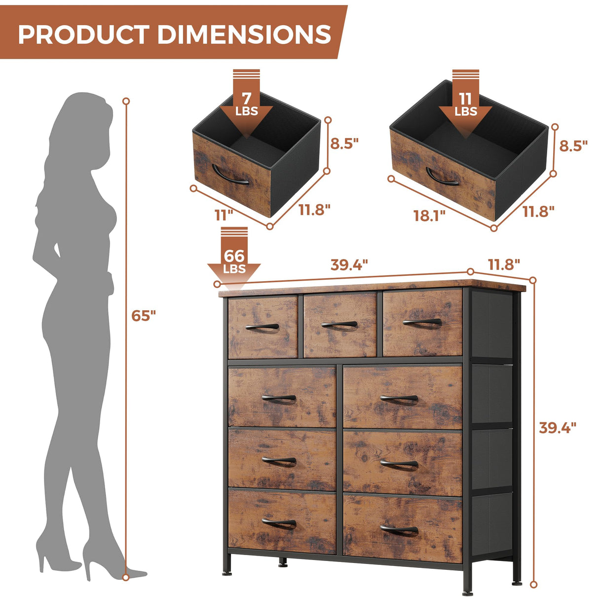 Jocoevol Fabric Dresser for Bedroom with 9 Drawers - Sturdy Steel Frame, Wooden Top & Easy Pull Chest of Drawers with Fabric Bins, Storage Organizer for Closet, Guest Room, Entryway (Rustic Brown) Jocoevol