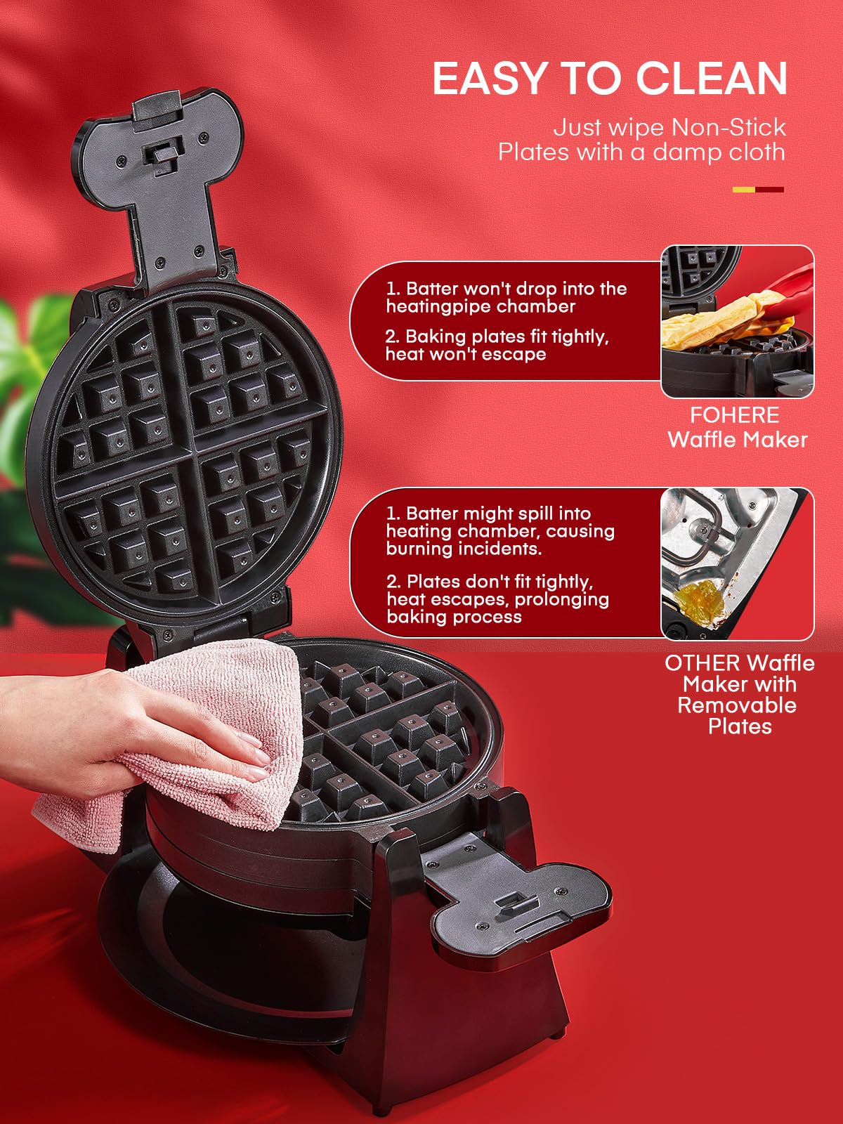 Waffle Maker, 1400W Double Belgian Waffle Iron 180° Flip, 8 Slices in 3 Mins, Rotating & Nonstick Plates, Anti-Scald, Removable Drip Tray Easy to Clean, Cool Touch Handle, Space-Saving Storage(Black) FOHERE