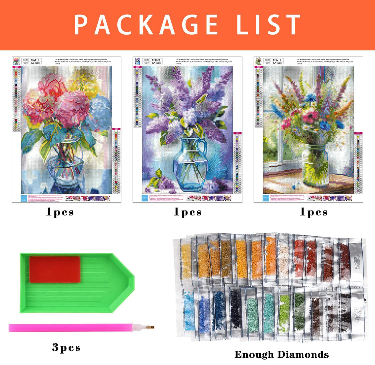 Diamond Art Kits for Adults - 3 Pack Flowers Diamond Painting Kits for Adults, 5D Round Full Drill Vase Gem Art Paint by Diamonds Pictures DIY Crafts Kits 12x16inch Axquilon