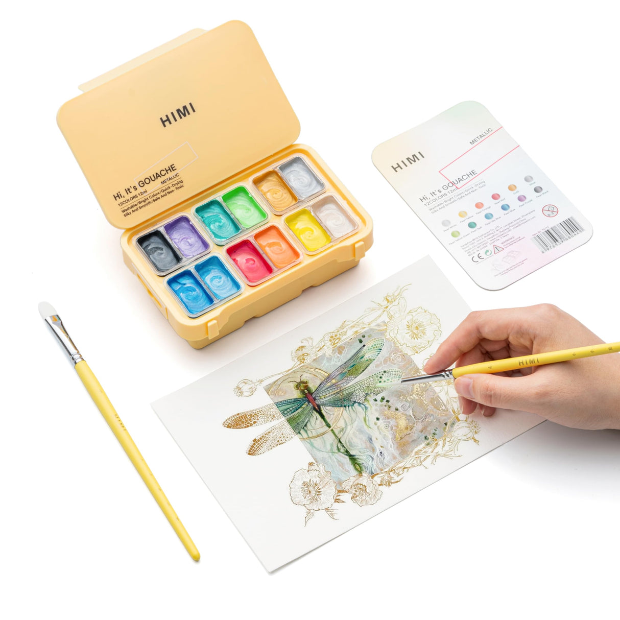 HIMI Metallic Jelly Gouache Paint Set, 12 Colors 12g, Jelly Cup Design, Travel carry, Gouache Paint Non Toxic for Canvas and Paper, Art Supplies for Professionals and Beginner HIMI