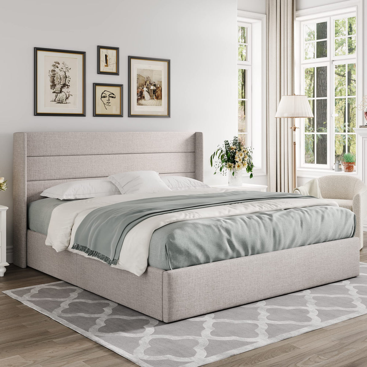 Allewie King Size Lift Up Storage Bed, Modern Wingback Headboard, Hydraulic Support, No Box Spring Needed, Light Beige Allewie