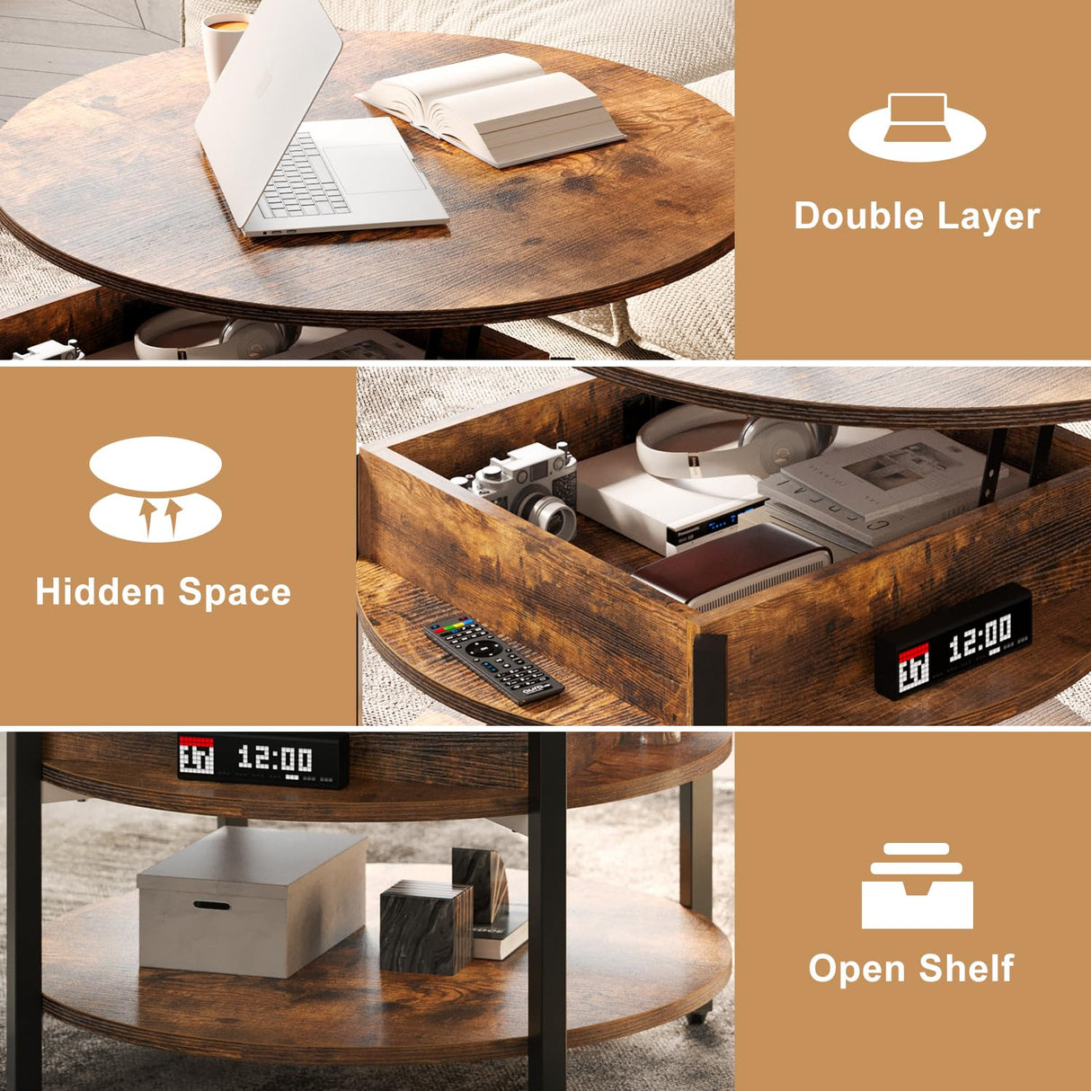 FABATO Round Lift Top Coffee Table with Storage and Hidden Compartment, 26.77'' Farmhouse Coffee Table for Living Room Reception Room, 2 Tier Small Round Coffee Table Circle Dining Table, Rustic Brown FABATO
