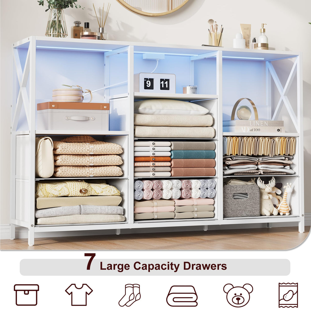 Decofy Dresser for Bedroom with Power Outlets and LED Lights, 7 Drawers TV Stand Dresser for 65 Inch TV, Chest of Drawers with Open Shelf, Wide White Dresser, ๐๐ ๐๐๐๐ญ๐ก๐๐ซ, for Bedroom, Closet Decofy