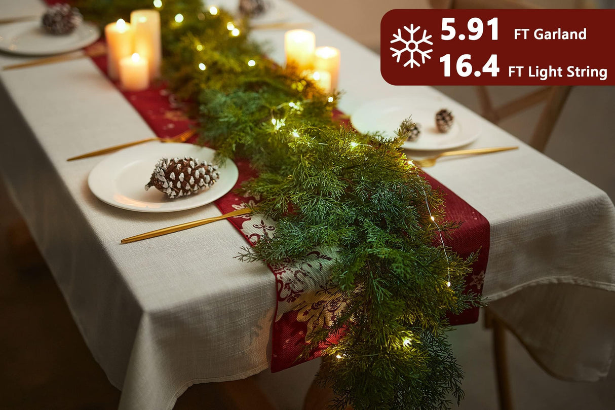 6FT Christmas Garland PARTY JOY Cedar Garland with 9.8FT LED Lights String, Greenery Plant for Christmas Decorations Table Mantle Background Wall Room Outdoor Indoor Winter Decoration PARTY JOY