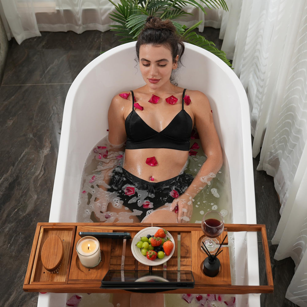 Utoplike Teak Bathtub Caddy Tray Bath Tray for Tub, Unique Bathtub Organizer with Book Tablet Wine Glass Cup Towel Holder, Adjustable, for Your Loved Utoplike