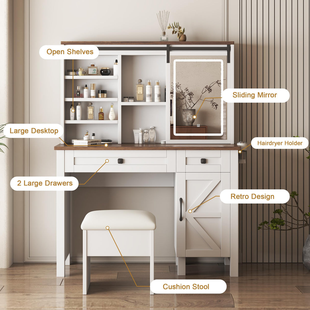 Legendstone Makeup Vanity Desk with Sliding Mirror and Lights, Farmhouse 42'' Tabletop Vanity Table with Drawers & Shelves & Power Outlet & Stool, Rustic Big Vanity Set for Bedroom,Antique White Legendstone