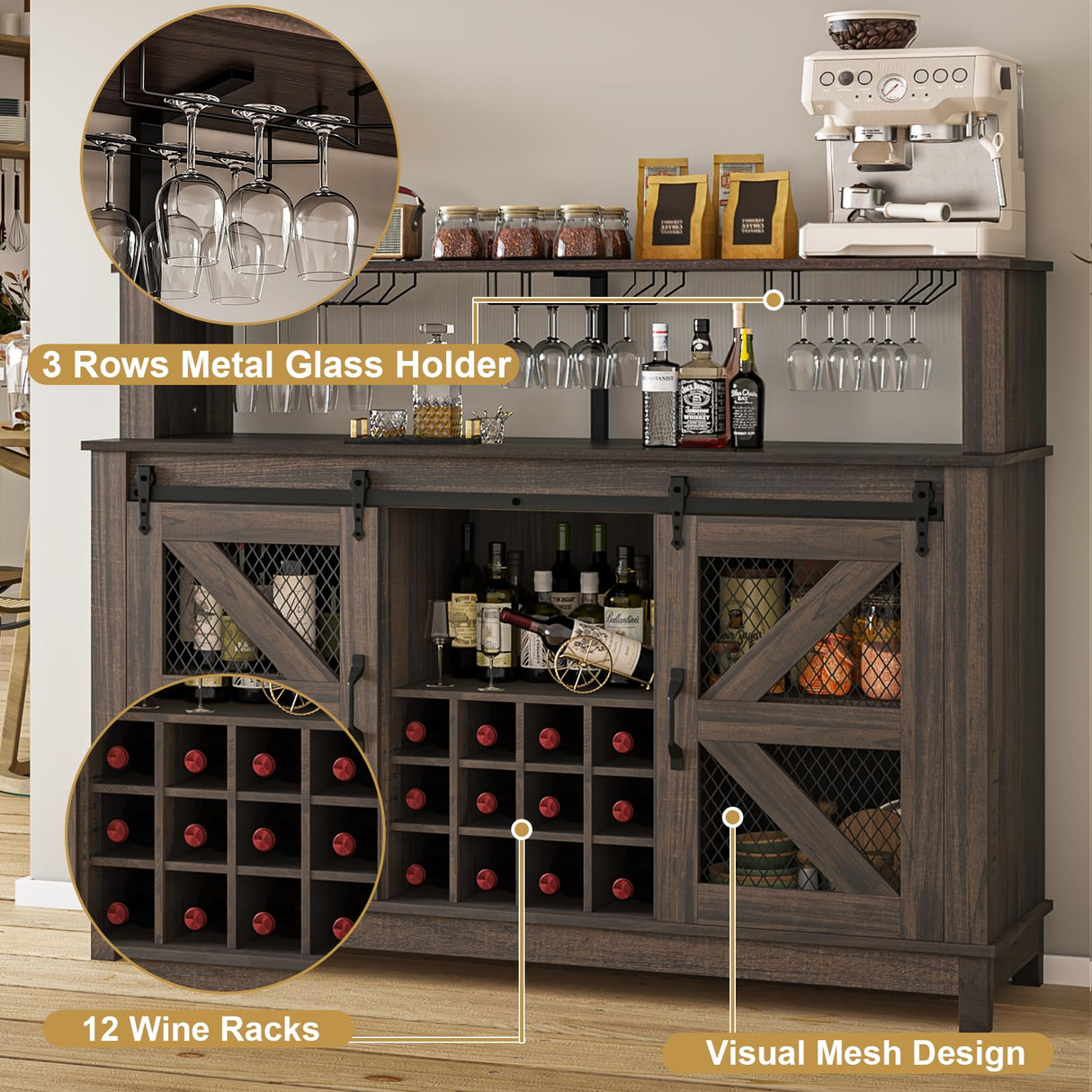 PUKAMI 55" Farmhouse Coffee Bar with LED Lights, Coffee Bar Cabinet with Storage and Hutch, Wine Bar with Sliding Barn Door & Wine and Glass Rack for Living Room, Kitchen (Brown) PUKAMI