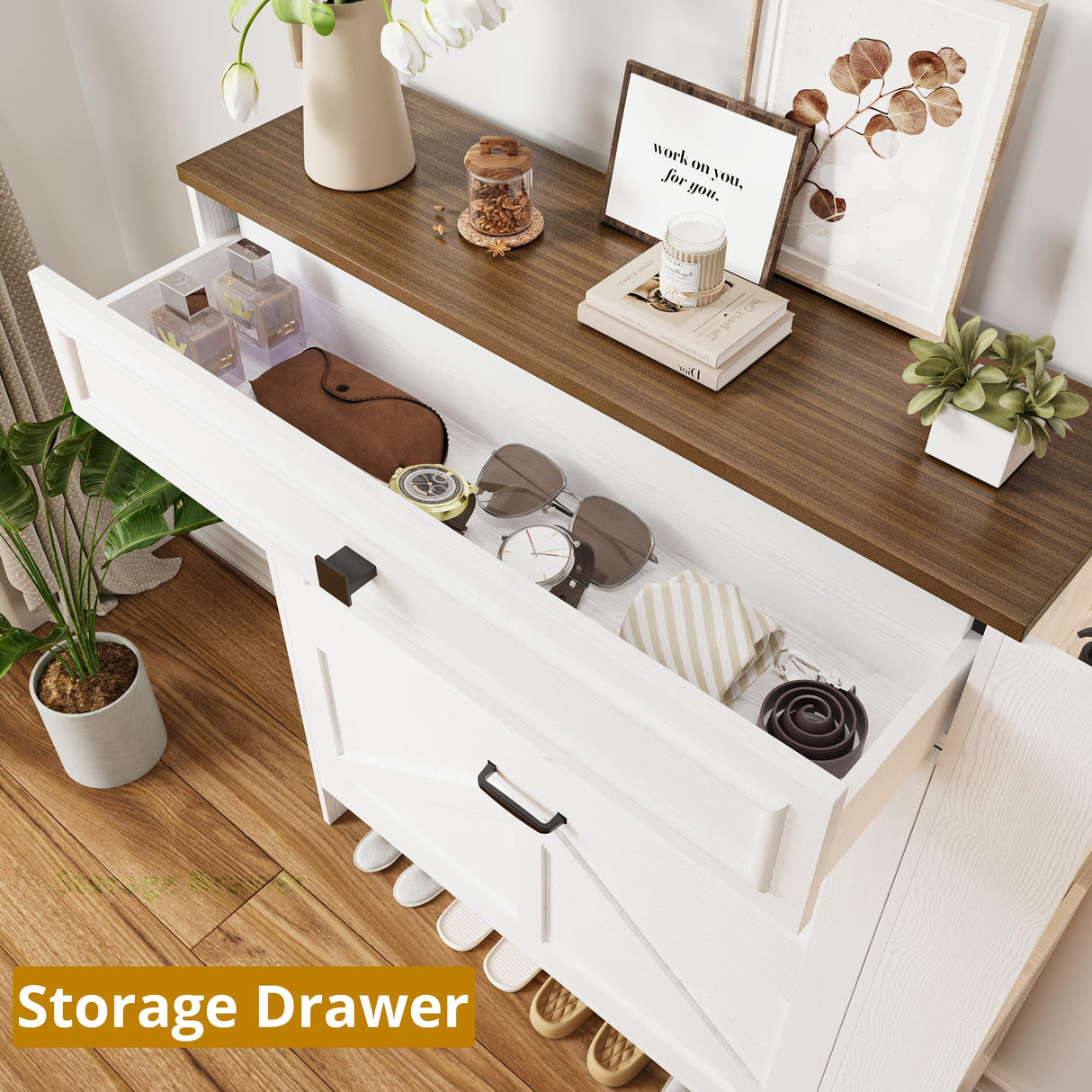 IRONCK Shoe Storage Cabinet with 2 Flip Drawers & Barn Door Design, Freestanding Shoe Cabinet Organizer with Drawer and Shelves for Entryway, Farmhouse Shoe Rack Cabinet, White/Walnut IRONCK