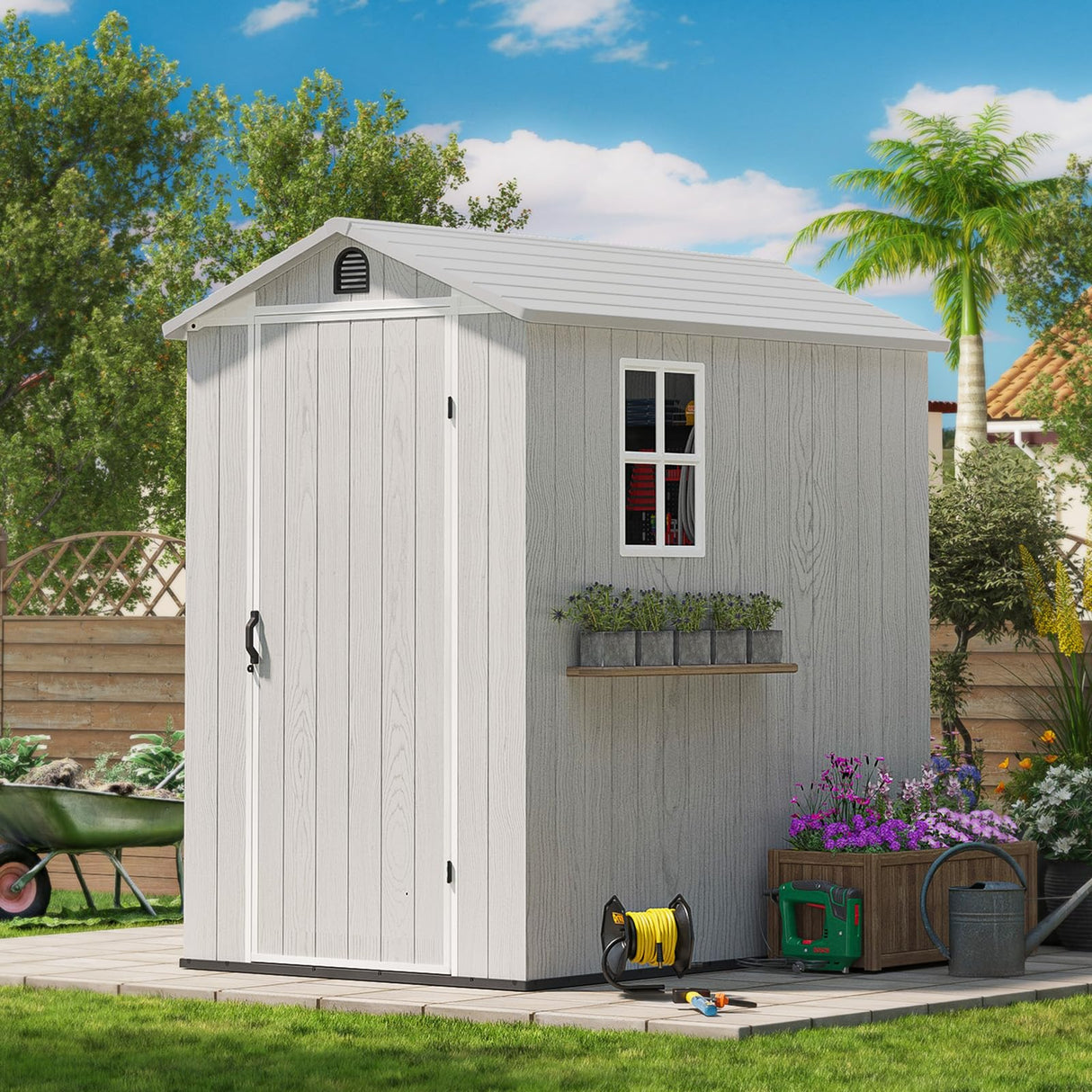 Patiowell 4' x 6' Outdoor Storage Shed with Floor, Plastic Shed Outside Resin Tool Shed with Window and Lockable Door for Backyard Garden Patio Lawn, White (Fit-it Shed) Patiowell
