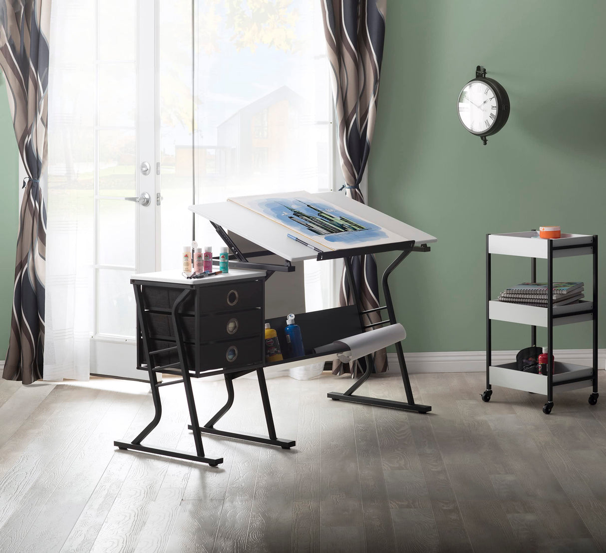 SD Studio Designs 2 Piece Eclipse Ultra Center/Drawing Table with Stool, Angle Adjustable Top, Storage Shelves, and Drawers SD STUDIO DESIGNS