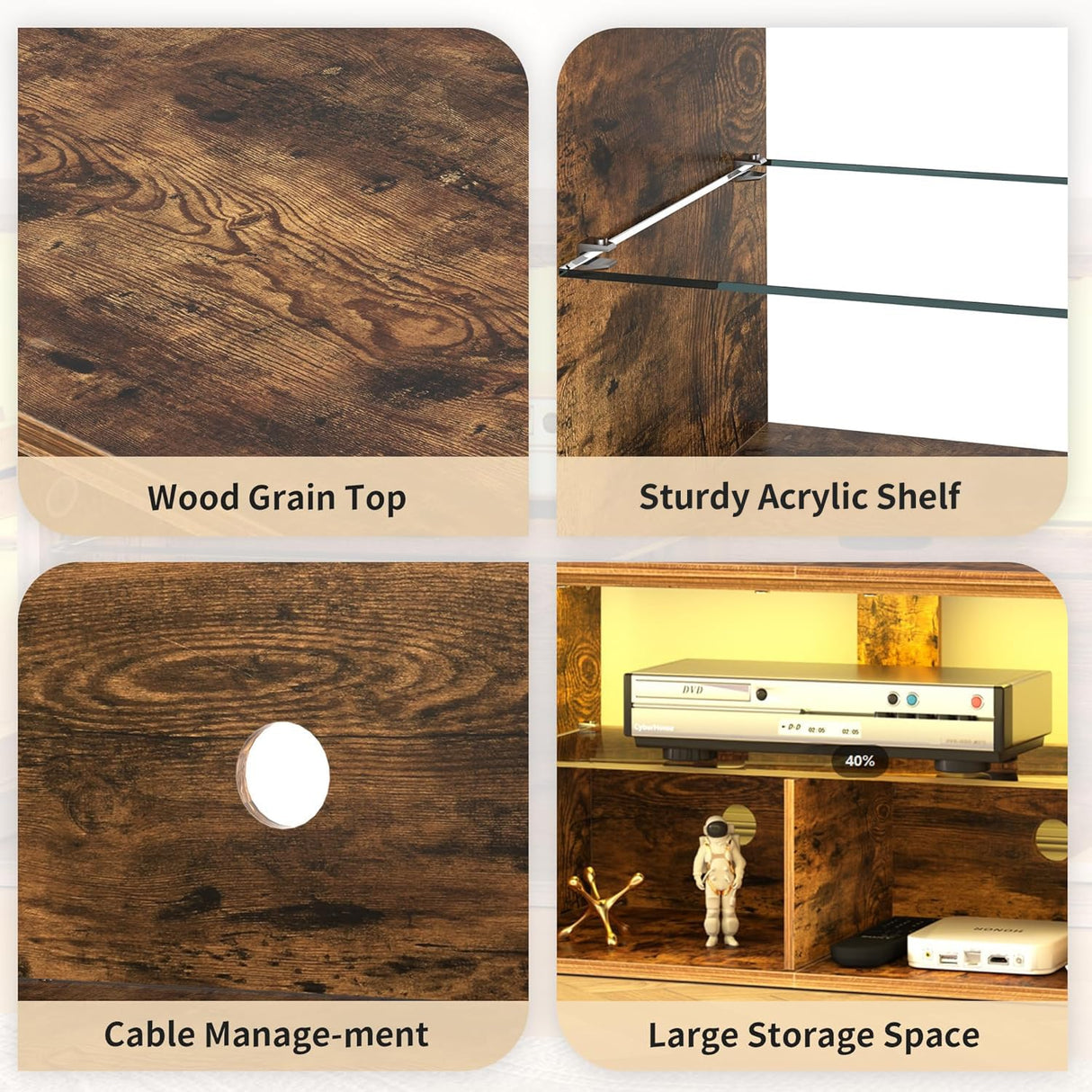 VECELO LED TV Stand for 70 inch, Entertainment Center with Power Outlets, Industrial Television Cabinet with 7 Open Storage Shelves, for Living Room and Bedroom, Retro Brown, 70inch VECELO