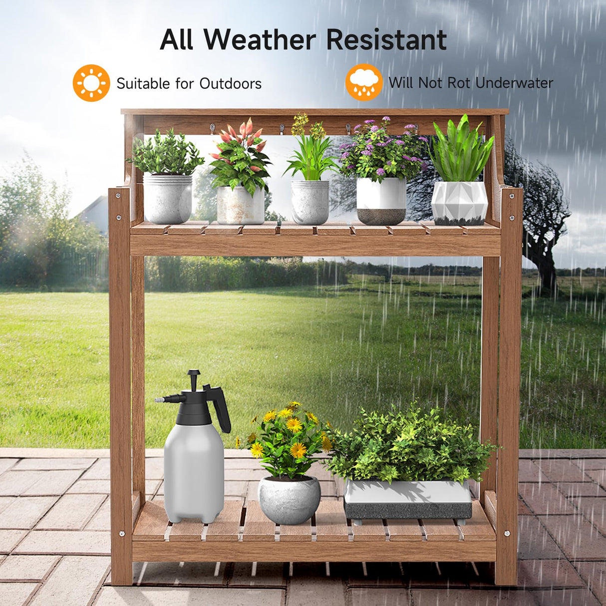 ONBRILL HDPS Potting Bench, All Weather Potting Table with 8 Hooks and Highten Tabletop, Easy Assembly Garden Work Bench, Outdoor Potting Benches for Outside Patio Lawn, 360LBS Capacity, Teak ONBRILL