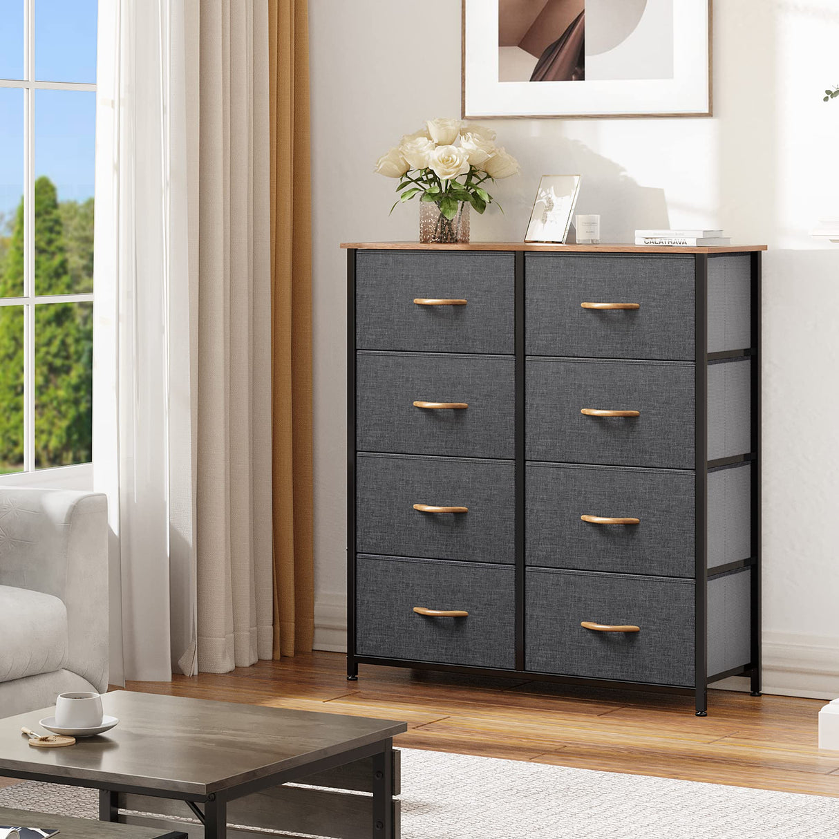 DWVO Dresser for Bedroom, Fabric Dresser with 8 Drawers, Tall Dresser, Double Dresser, Chest of Drawers for Closet, Living Room, Sturdy Steel Frame, Wooden Top, Easy Pull Handle DWVO