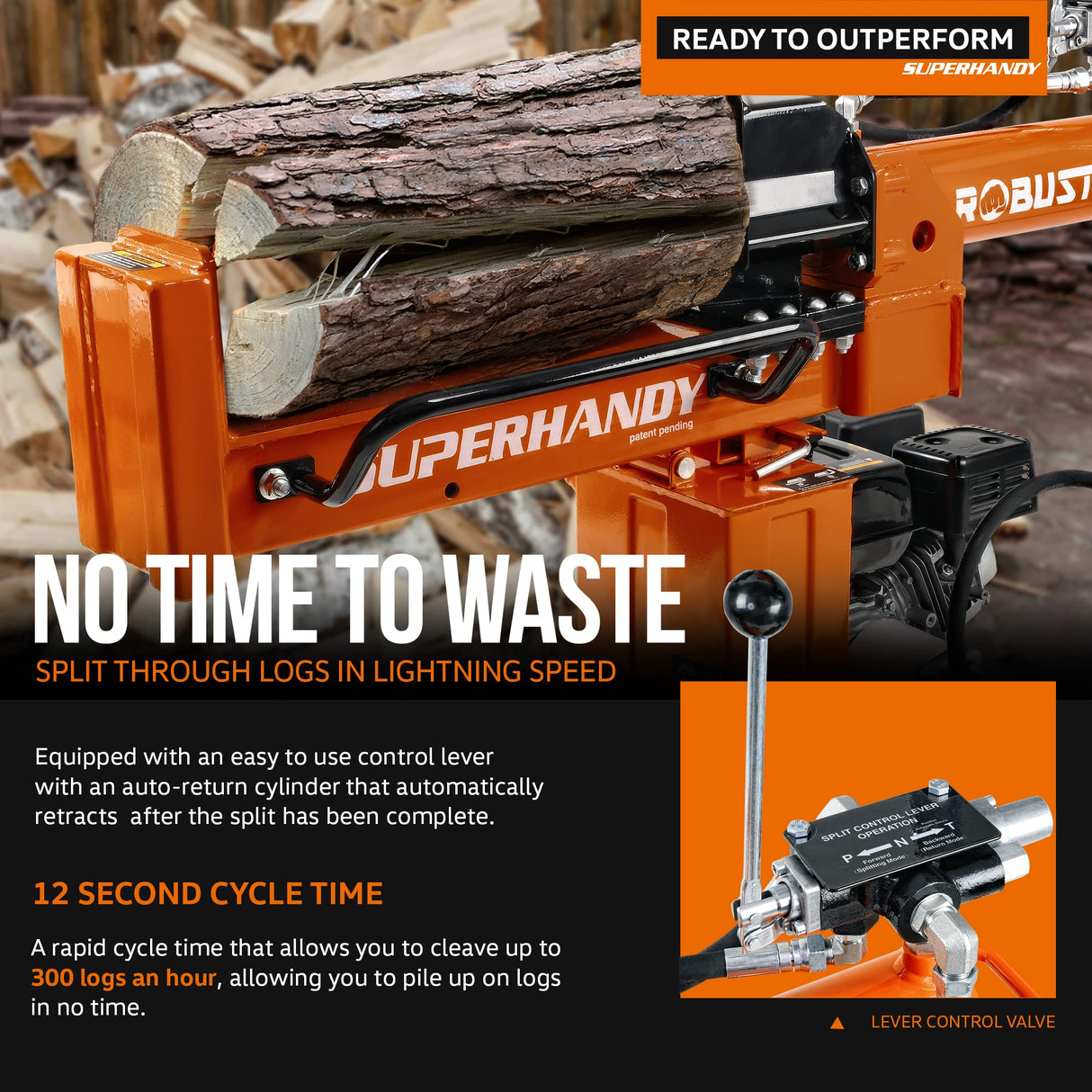 SuperHandy Portable 25 Ton Gas Log Splitter with 7HP Engine, Bucher Gear Pump, and Horizontal/Vertical Half Beam Steel Wedge for Firewood Splitting SuperHandy