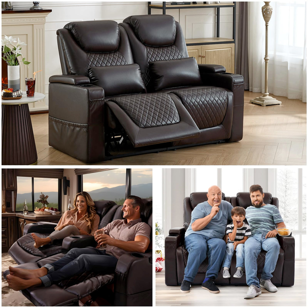 Attliahome 61" RV Loveseat Recliner, Double Recliner Furniture with 3 Arms and 2 Pillows, Wall Hugger Recliners & 135° Reclining Theater Seating (Brown PU Leather RV Couch) Attliahome