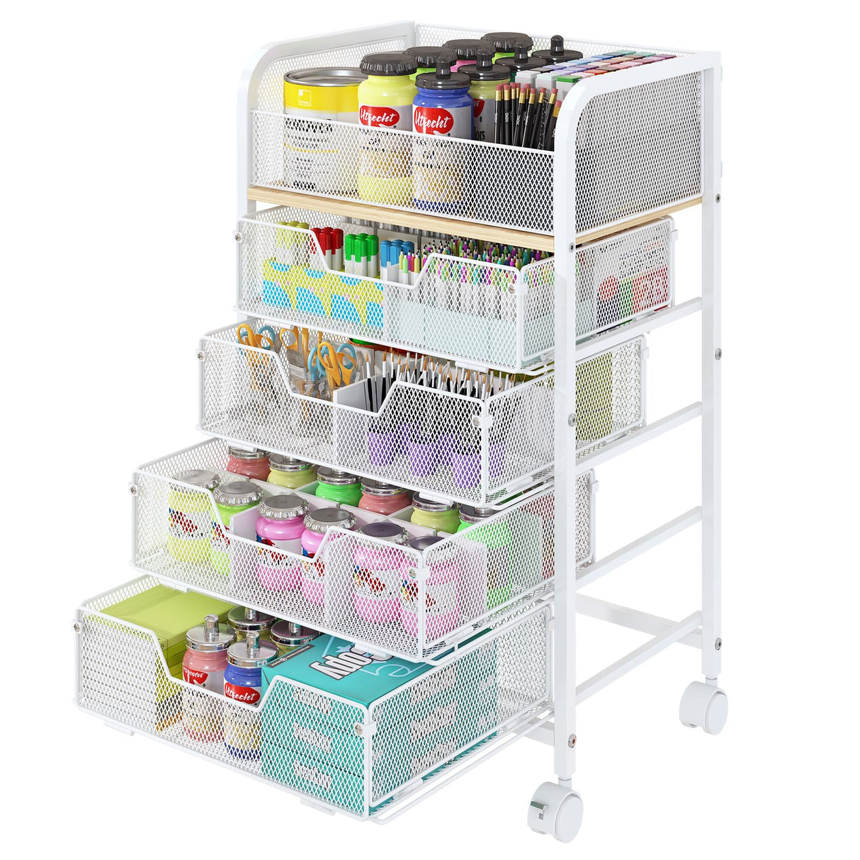 5-Tier Craft Organizer Cart with Wheels,Craft Organizers and Storage with Drawers,Lockable Wheels Rolling Utility Cart with DIY Divider,Office Supply Organizer,Ideal for Studio,Office,Bedroom,White Yociyoga