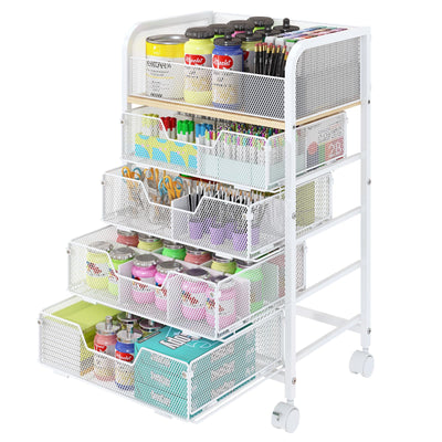 5-Tier Craft Organizer Cart with Wheels,Craft Organizers and Storage with Drawers,Lockable Wheels Rolling Utility Cart with DIY Divider,Office Supply Organizer,Ideal for Studio,Office,Bedroom,White