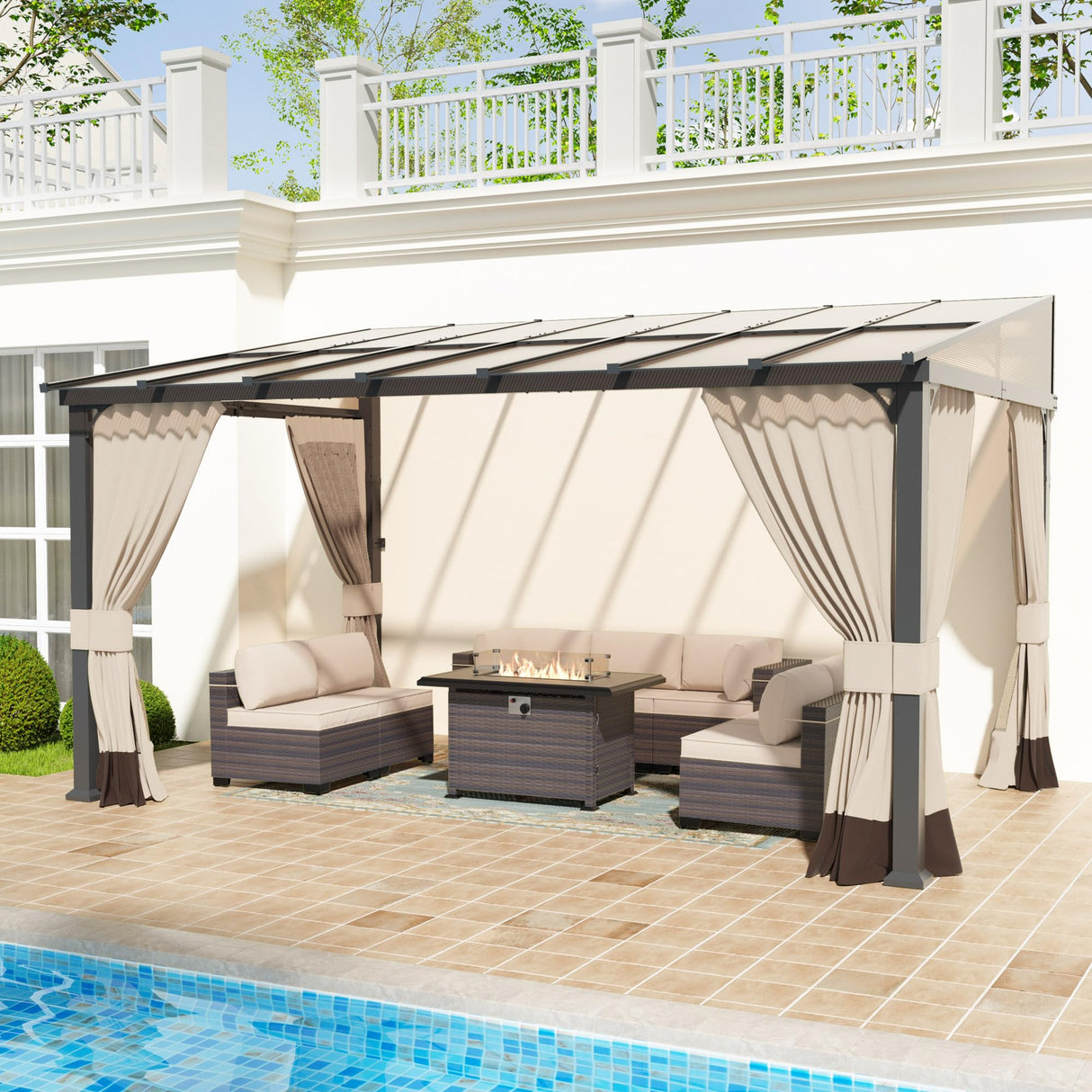 Halmuz 10x14ft Large Lean to Gazebo with Curtains & Netting,Wall Mounted Gazebo with Hard Top & Double Curtains,Metal Frame Garden Tent Suitable for Patio,Yards, Deck,Lawn, Garden,Grass-sand Halmuz