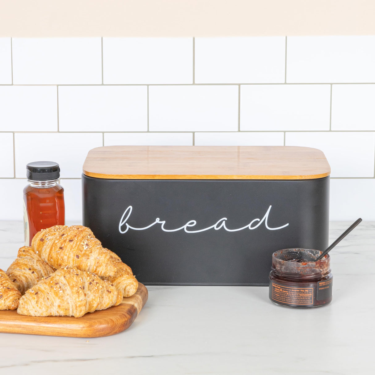 Bloomingville Metal Bin with Bamboo Lid, Black Bread Box, 11.75" L x 5.25" W x 7" H Bloomingville