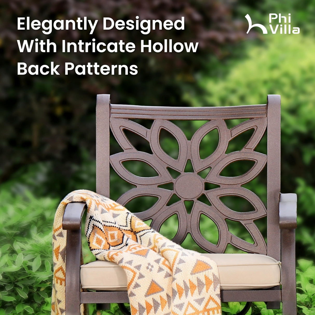 PHI VILLA Cast Aluminum Patio Dining Set for 6 Person, 7 Piece Outdoor Patio Set with 63" x 37.4" Cast-Top Aluminum Table(2.3" Umbrella Hole) and 6 Swivel Rockers Dining Chairs with Cushions PHI VILLA