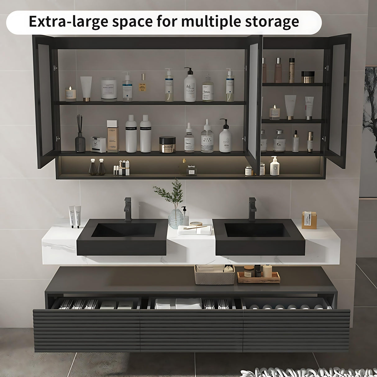 ZGNBSD Bathroom Vanity - Modern Bathroom Vanity with Sink & LED Smart Defogger Mirror Cabinet, Solid Wood Floating Bathroom Vanity, Wall-Mounted Installation (Double Sink, 60") ZGNBSD